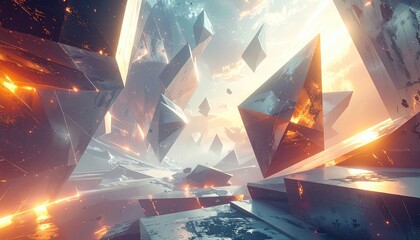 Mysterious abstract landscape depicting shattered crystalline structures and sharp geometric forms, bathed in an ethereal, otherworldly atmosphere with a dynamic interplay of light and shadow,...