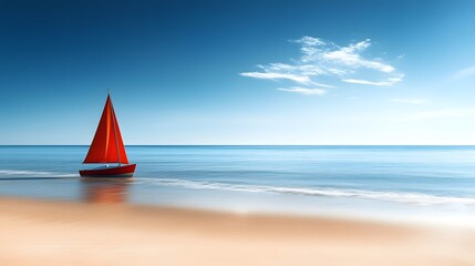 Sailboat with red sails glides across calm waters on a sunny beach with clear skies and gentle waves