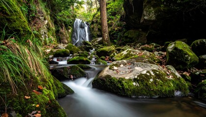 Serene mountain scene featuring a waterfall cascading into a rocky stream