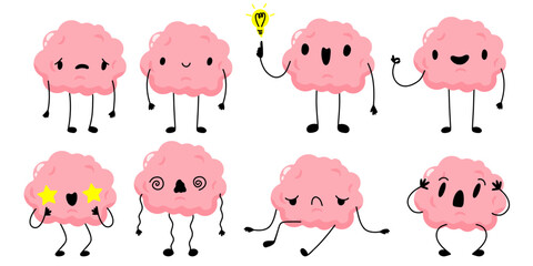 Cartoon Brain character. Tired, sad, depression, burnout brain concept. Stock vector illustration isolated on white background.
