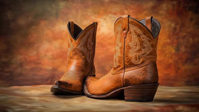 Pair of ornate brown leather cowboy boots against a warm, hazy backdrop