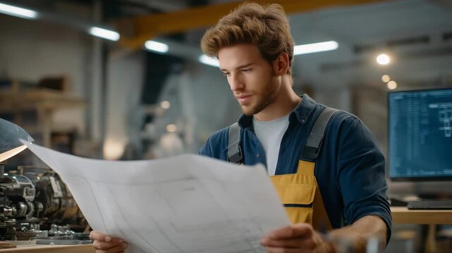 A mechanical engineer reviews a machine blueprint in a workshop, with tools clanking, a prototype on a bench, a computer showing schematics, and oil cans nearby, shown in a technical photo with