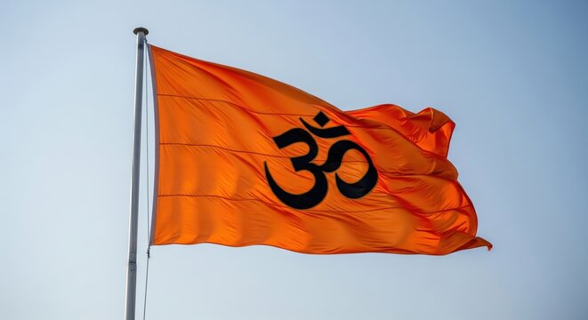 Orange flag with Om symbol waving against a clear blue sky hinduism new.design creative 4k hd