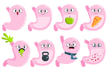 Cartoon stomach set. Heartburn, gastritis, atony, nausea, Helicobacter, cancer, digestive problems. Cartoon human internal organs. Stock vector illustration isolated on white background.