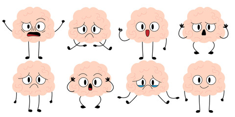Brain cartoon character. Brain with low charge, tired, depression, burnout, lack energy and power with high energy. Stock vector illustration isolated on white background.