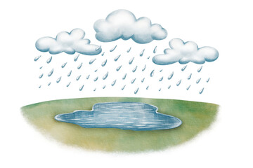 Sunny meadow with yellowing grass and a tiny pond,rain clouds with falling droplets,painted with soft watercolor washes and colored pencils.For childrens books,nature themes and outdoor scenes