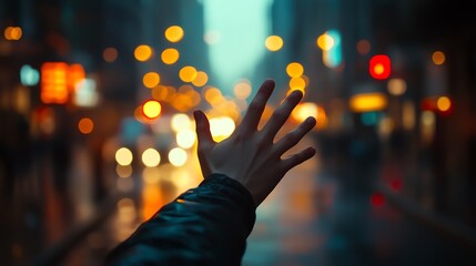 A hand reaching out in a rainy city.