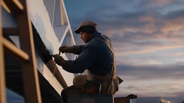 A worker, their face focused, patches a hole in a metal roof, the patch&rsquo;s edges crimped. A rivet gun, its handle scuffed, clicks as it secures the patch. A ladder, its rungs bent, leans against the