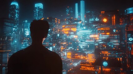 Person observing futuristic neon city at night, data visualization - Powered by Adobe