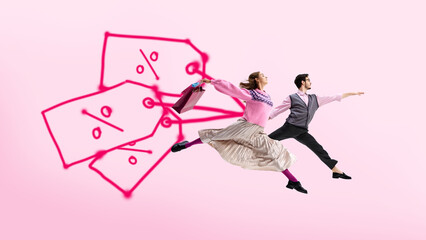 Vibrant artwork. Stylish couple jumping joyfully with drawn discount tags on pink background. Concept of sale celebration, retail enthusiasm, creative e-commerce promotion, and fashion campaigns.