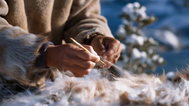 An Inuit elder, their hands steady, weaves a net, its fibers knotted, by a frozen shore. A sealskin mat, its surface taut, cushions the ground. A bone needle, its tip sharp, stitches the net. Ice
