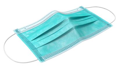 Blue surgical mask on black backdrop