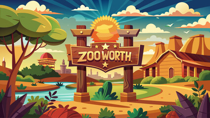 Very beautiful Fort Worth Zoo sign in Fort Worth, Texas, vector-style illustration highlighting natural surroundings, welcoming atmosphere, and iconic landmark charm under a bright sunny sky.