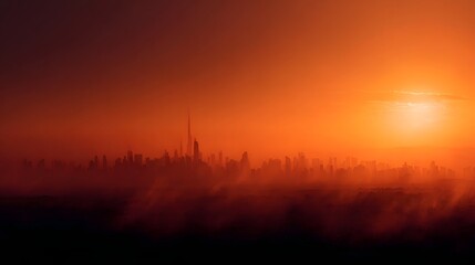 Fototapeta premium Dramatic sunset over a hazy city skyline with heatwave and pollution effects