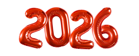 red inflatable balloons shaped as the numbers 2026, reflective metallic surface catching light, elegant festive look, on transparent background