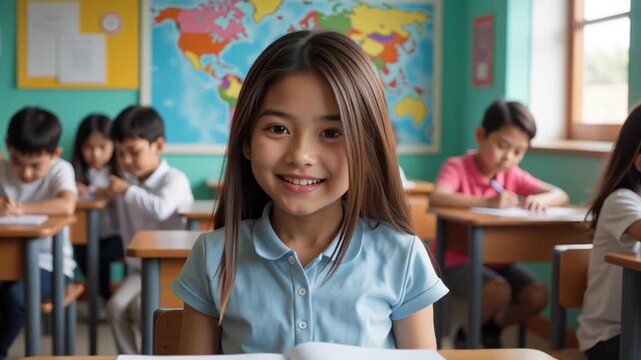 Smiling schoolgirl child desk with open book classroom filled with students learning education surrounded by colorful world map and classmates