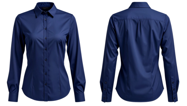 Dark blue buttoned shirt, front and back