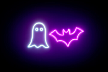 A glowing ghost and a neon bat side by side against a dark background, illuminated in white and purple.