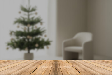 Wood table top on blur with bokeh christmas tree background - can be used for display or montage your products.