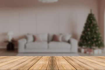 Wood table top on blur with bokeh christmas tree background - can be used for display or montage your products.