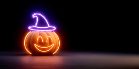 A glowing pumpkin wearing a neon witch hat with a bright, smiling face against a dark background.