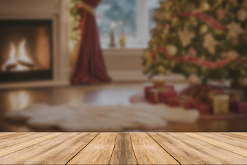 Wood table top on blur with bokeh christmas tree background - can be used for display or montage your products.