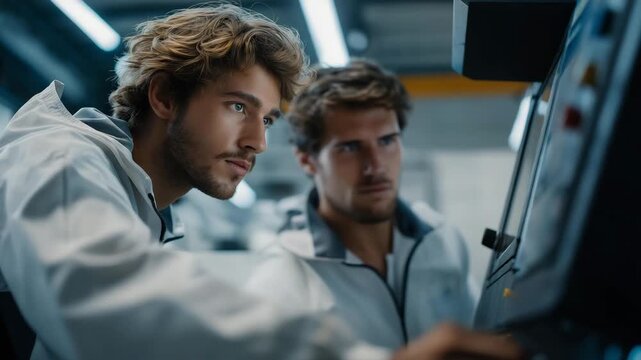 Engineers testing industrial machine according to technical protocol, symbolizing efficiency, safety, and strict operational procedures in high-tech manufacturing environments. three-quarter wide