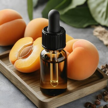 Apricot Kernel oil in bottle with fresh apricots on wooden tray, beauty concept