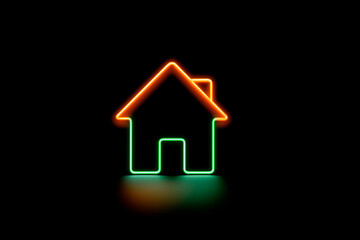A neon house outline glows in green and orange against a black background, casting a soft reflection for a modern, cozy vibe.