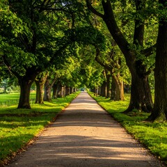 Obraz premium Tree-lined pathway, illuminated by sunlight. Leading to the vanishing point