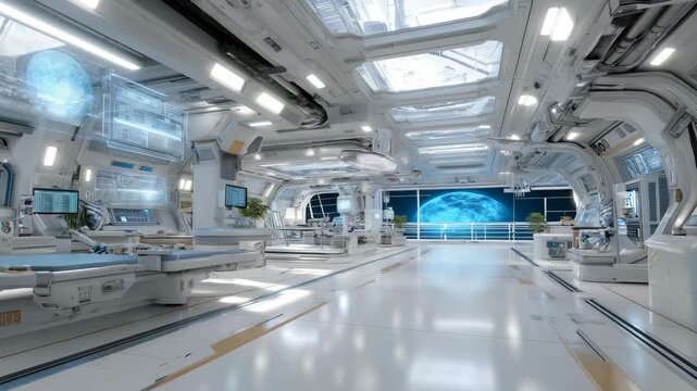 Futuristic medical clinic with cybernetic enhancement stations, robotic surgeons adjusting bionic limbs, patients receiving advanced implants, highlighting medical technology, human augmentation,