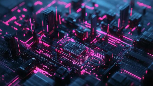 Futuristic circuit board radiating pink light and data flow