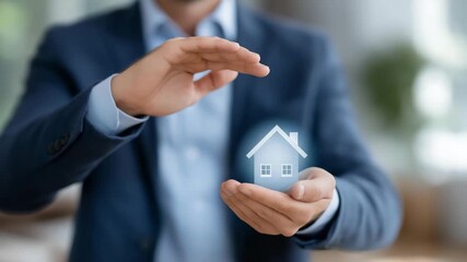 Insurance advisor presenting holographic digital policy to young couple planning first home, symbolizing property coverage, financial stability, and modern insurance solutions for new homeowners.