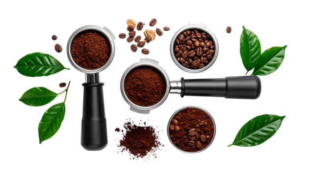 Coffee beans, grounds, leaves, portafilters