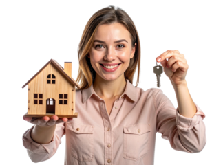 Smiling Home Buyer Holding House Key and Miniature Model, Front View, Isolated on Transparent Background