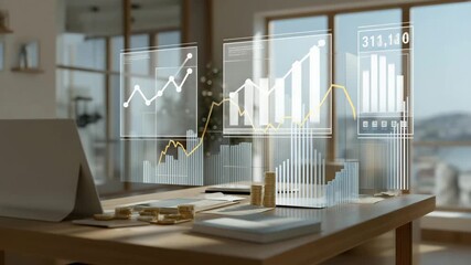 Modern office with AI-generated 3D charts of pension funds, market trends, and asset growth floating above a desk, symbolizing retirement fund planning, technology-assisted decisions, and