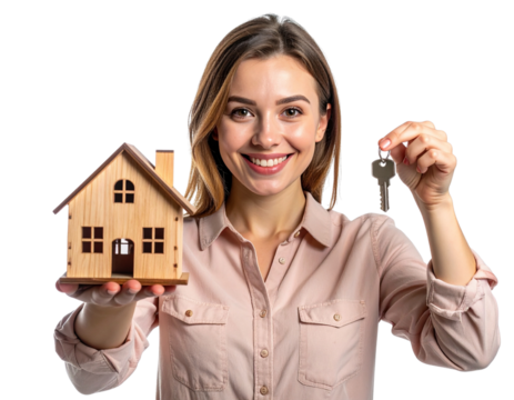 Smiling Home Buyer Holding House Key and Miniature Model, Front View, Isolated on Transparent Background