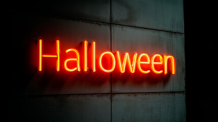 Bright orange neon "Halloween" sign on dark wall, glowing ambiance, urban nightlife, festive and eerie vibe.