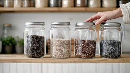 Hand arranging jars of beans on shelf in modern pantry decor  