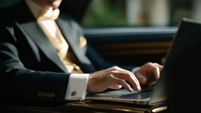 Professional chauffeur in formal gloves adjusting controls of luxury vehicle while VIP client works on laptop in rear seat, symbolizing seamless executive service, discretion, elite transportation,