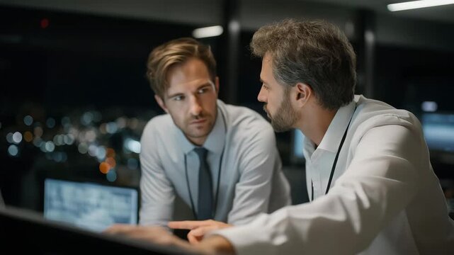 Security professionals testing communication protocol on encrypted devices, symbolizing safety, cyber resilience, and protective measures within modern digital infrastructures. three-quarter wide