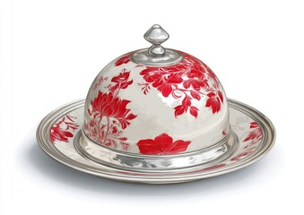 Ornate, dome-shaped,  serving dish,  red floral design,  cream background,  silver rim