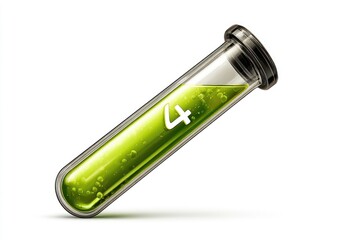 A diagonal, transparent test tube.  Green liquid inside.  Number 4 on the tube.  Glossy look