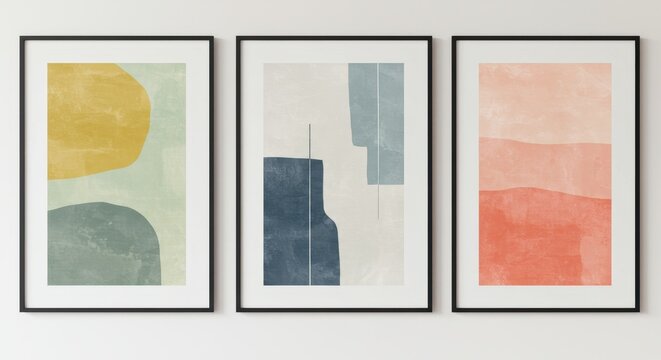 Abstract Art Display: Three framed art pieces showcase an array of organic shapes and soft, blended colors, creating a visual harmony with a touch of elegance.