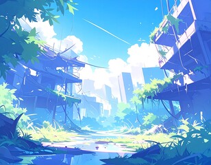 植物が生い茂る廃墟の街1