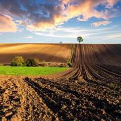 Serene landscape features cultivated fields, trees, and an expressive sky