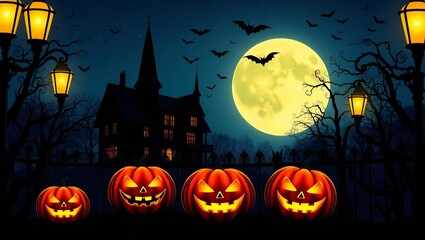 Spooky halloween night with carved pumpkins and haunted castle under a full moon