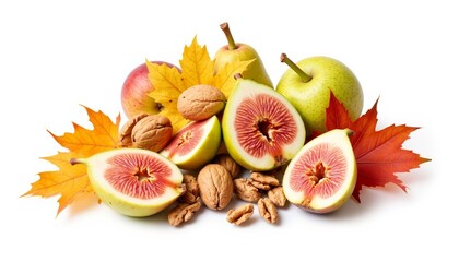 Assorted fruits including figs, apples, and walnuts with autumn leaves  