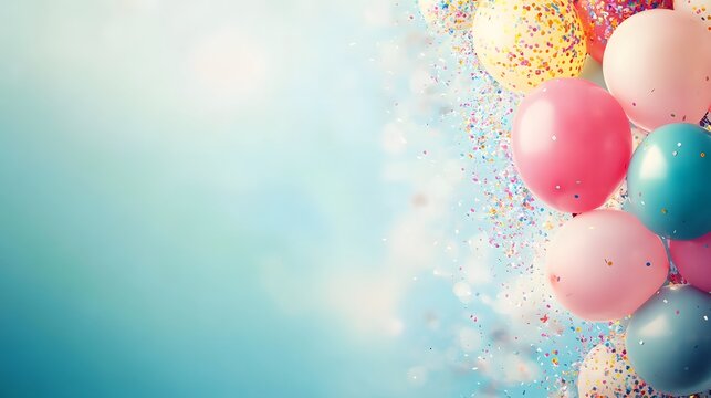 Celebratory colorful balloons with confetti on blue gradient background party