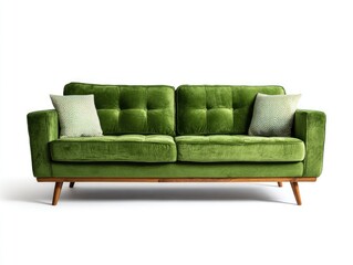 Deep green velvet sofa with light-colored accent pillows on a white background
